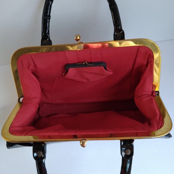 Vintage Black Sturdy Shiny Roomy Patent Gold Kiss Clasp Envelope Satchel Bag - Picture 9 of 15